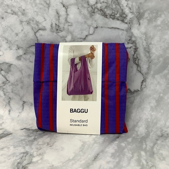 NEW! Baggu Standard Optic Stripe Shopping Bag Reusable Red Purple Stripe J7-7 - Picture 3 of 7